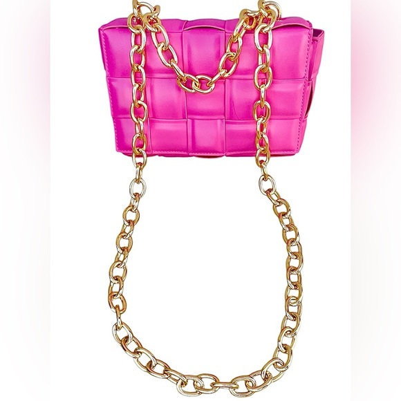 Unbranded Super Cute Pink Woven Vegan Bag Gold Chain Handle - Picture 3 of 3